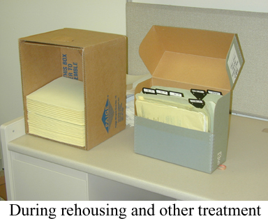 Folders of papers in box moving to another cardboard box. Caption reads "During rehousing and other treatments".