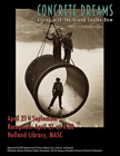 Poster of Living with the Grand Coulee Dam showing two men standing above a hanging concrete cylinder while one man stands inside.